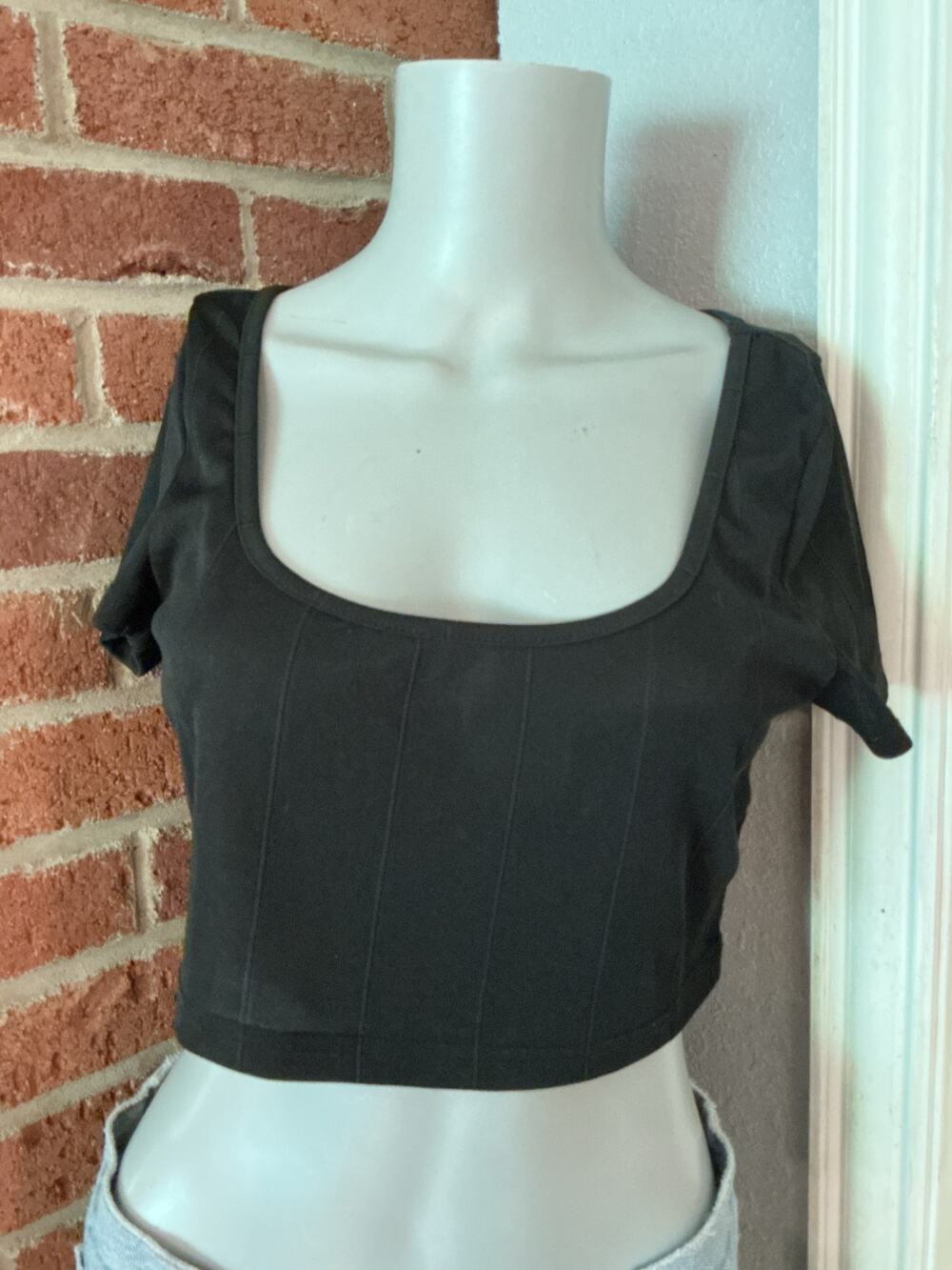 Black Square Neck Crop Top Short Sleeve Corset Style Seam Detail Y2K Minimalist